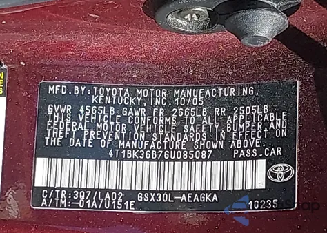 2006 Toyota Avalon Xls z USA, uszkodzony, nr VIN 4T1BK36B76U085087